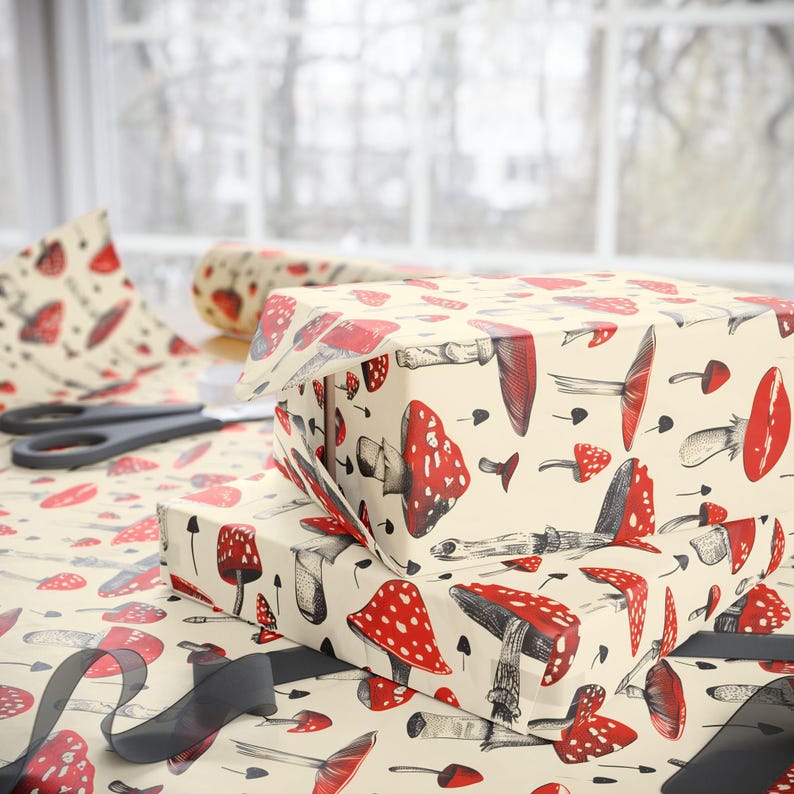 Mushroom Wrapping Paper Red Toadstool Gift Wrap Cottagecore Woodland Aesthetic Nature Themed Birthday or Holiday Gift Wrap