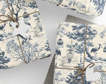 Blue Chinoiserie Toile Christmas Wrapping Paper Rolls, Winter Crane & Pine Gift Wrap, Blue and White Holiday Gift Wrap