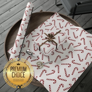 Red and White Christmas Candy Cane Holiday Winter Themed Wrapping Paper | Red White Christmas Themed Gift Wrap