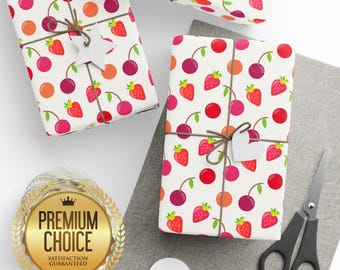 Berry Wrapping Paper, Fruity Gift Wrap, Strawberry Gift Wrap, Raspberry Wrapping Paper, Cherry Gift Wrap, Summer Fruits Gift
