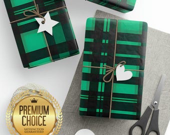 Grün und schwarz karierte Weihnachtsgeschenkpapierrolle, elegante Geschenkpapierrolle, schwarz und grün karierte Geschenkpapierrolle, Weihnachtsklassische Geschenkrolle