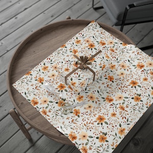 Autumn Floral Wrapping Paper Roll for Fall Birthday Holiday Thanksgiving Gifts Orange Neutral Flowers Recyclable Eco Giftwrap for Presents