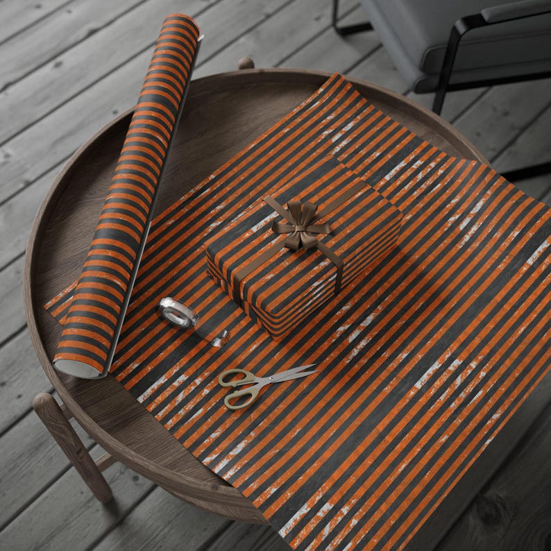 Halloween Striped Wrapping Paper Orange and Black Grunge Gift Wrap Rolls for Spooky Birthday Wrapping, Gothic Parties, or Fall Gifts