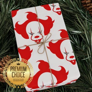 Evil Clown Wrapping Paper, IT Clown Gift Wrap, Creepy Nightmare Clown Giftwrap for Birthdays, Halloween, Fear of Clowns Gift Wrap