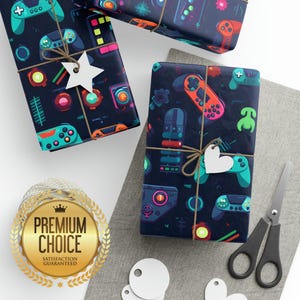 Video Gamer Gift Wrap for Boys Birthdays, Christmas, Parties, Showers, Blue Video Game Wrapping Paper