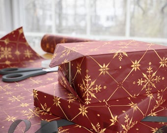 Crimson & Gold Christmas Wrapping Paper with Ornate Snowflakes, Elegant Red and Gold Ornate Gift Wrap for Xmas Presents