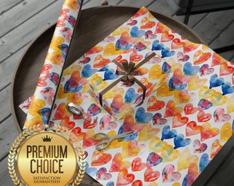 Colorful LOVE Hearts Wrapping Paper for Birthdays, Anniversaries, Christmas, Showers, Heart Gift Wrap in Yellow, Red, Pink, Blue