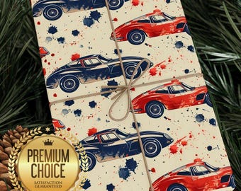 Race Car Party Gift Wrapping Paper Rolls, Red and Blue Racing Giftwrap for Birthdays, Christmas, Baby Showers