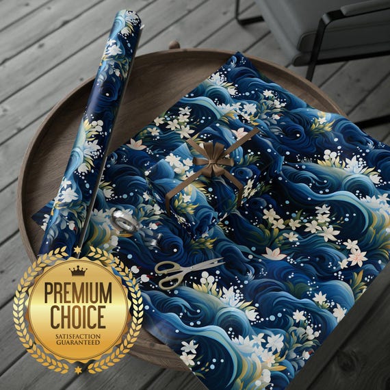 Japanese Gift Wrap, 90gsm Navy Floral Wrapping Paper with Matte or Gloss Finish
