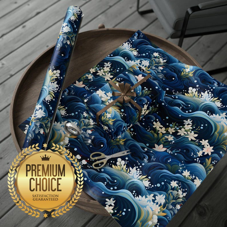 Floral Gift Wrap, Ocean Waves Wrapping Paper, Blue Gift Wrapping Paper