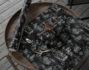 Black & White Christmas Toile Wrapping Paper, Vintage Holiday Scene