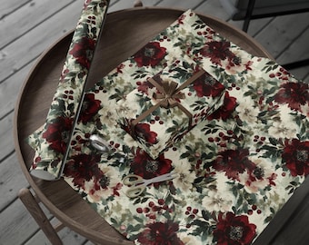 Burgundy Floral Christmas Wrapping Paper: Watercolor Winter Berries & Evergreen
