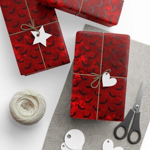 Red Bat Halloween Wrapping Paper Roll For Goth Birthday Vampire Party And Boo Baskets