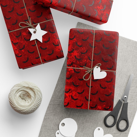 Red Bat Halloween Wrapping Paper Roll For Goth Birthday Vampire Party And Boo Baskets