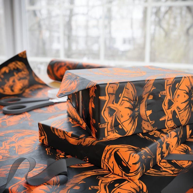 Evil Jack-O-Lantern Halloween Wrapping Paper, Creepy Pumpkins image 4