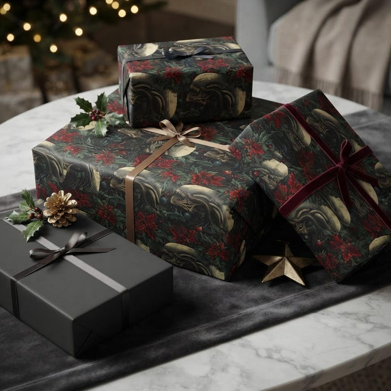 Alien Xenomorph Christmas Wrapping Paper | Sci-Fi Horror Gift Wrap shown in an AI-generated listing photo
