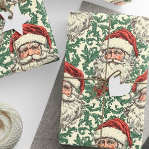 Vintage Santa Claus Gift Wrap with Classic Red Hat and Holly Accents for Christmas, Holiday, and Festive Present Wrapping