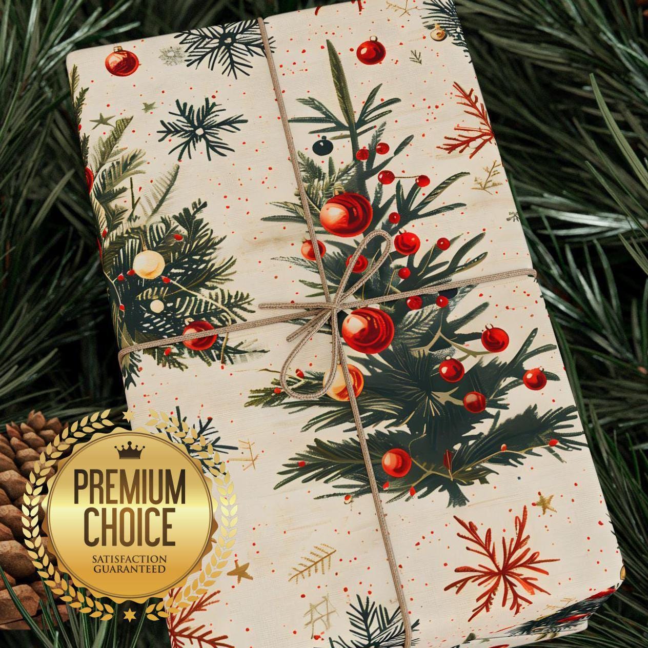 Vintage Christmas Gift Wrapping Paper, Festive Christmas Tree Giftwrap for Holidays, Xmas, Nostalgic Christmas Presents