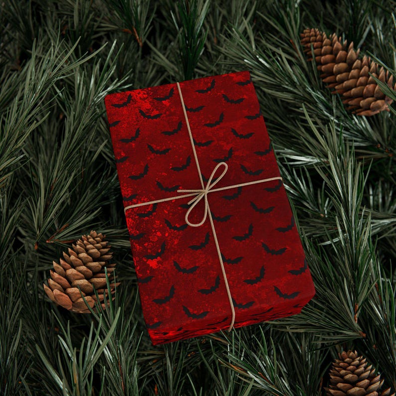 Red Bat Halloween Wrapping Paper Roll For Goth Birthday Vampire Party And Boo Baskets