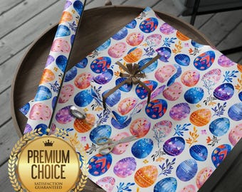Papel de regalo para huevos de Pascua en azul, rosa y morado, papel de regalo para la búsqueda de huevos de Pascua, papel de regalo primaveral, papel de regalo para la Pascua judía