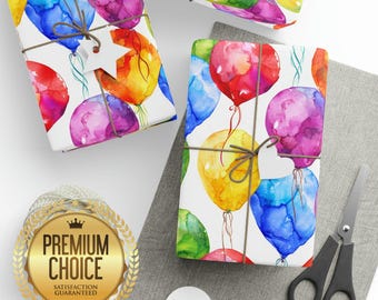 Rainbow Balloon Watercolor Birthday Wrapping Paper, Boys/Girls Birthday Gift Wrap, Balloon Rainbow and White Scrapbooking Paper