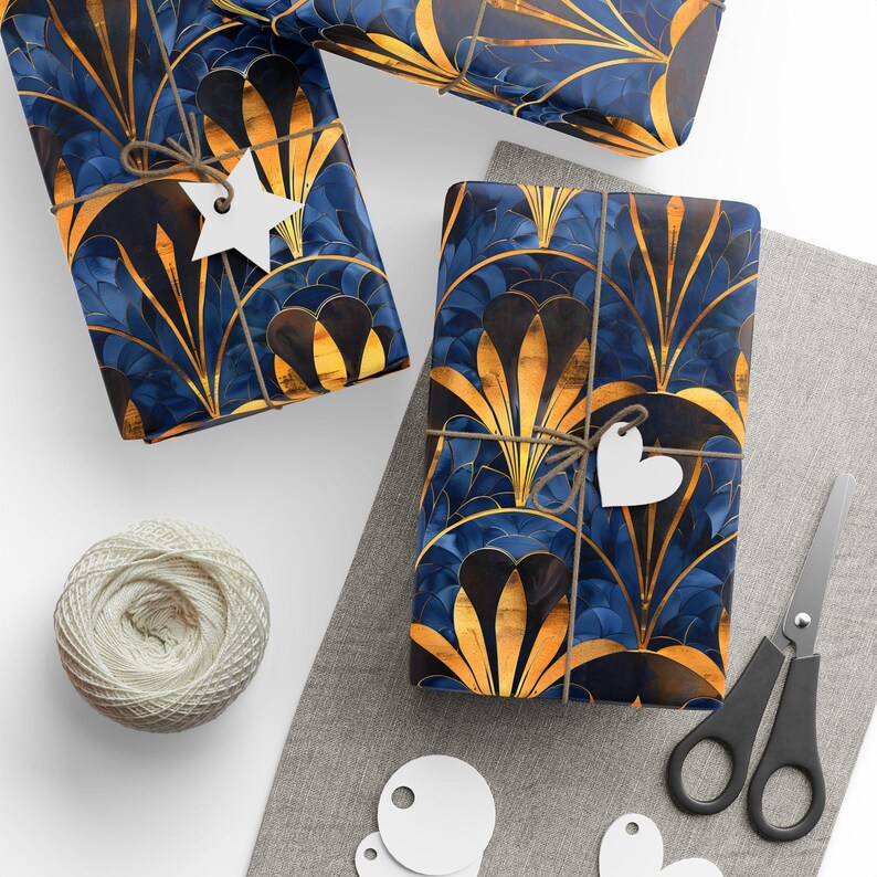 Blue and Gold Art Deco Wrapping Paper, Great Gatsby Gift Wrap for ...