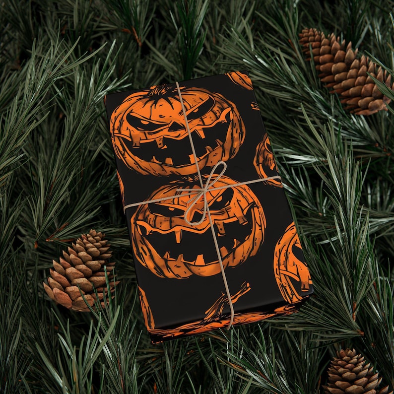 Evil Jack-O-Lantern Halloween Wrapping Paper, Creepy Pumpkins image 3
