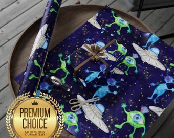 Alien Space Ship Wrapping Paper, Alien Gift Wrap, Out Of This World Party Wrapping Paper, 3-2-1 Blast Off Gift Wrap, Alien Gift, wp100