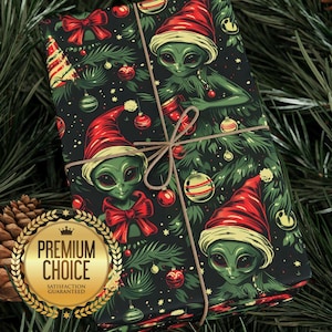 Alien Christmas Tree Wrapping Paper | Unique Sci-Fi Holiday Gift Wrap | Fun Alien Ornaments Christmas Wrapping Paper