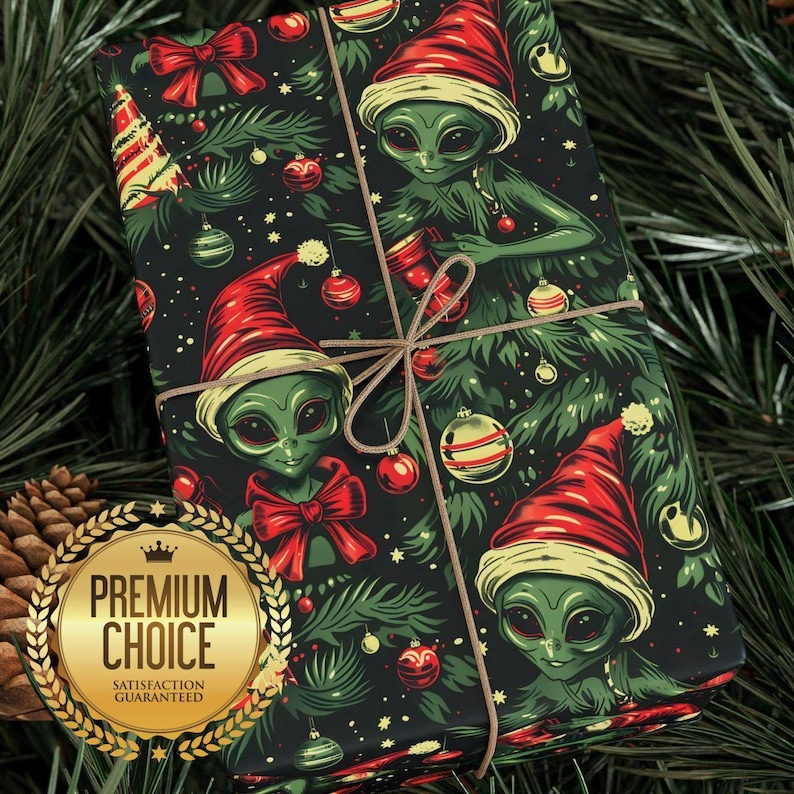Alien Christmas Tree Wrapping Paper | Unique Sci-Fi Holiday Gift Wrap | Fun Alien Ornaments Christmas Wrapping Paper