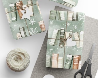 Watercolor Bookshelf Christmas Wrapping Paper: Sage Green Library Gift Wrap