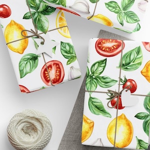Italian Kitchen Wrapping Paper Roll Lemon Tomato Basil Gift Wrap for Hostess Summer Birthday Cooking Shower or Christmas Wrapping
