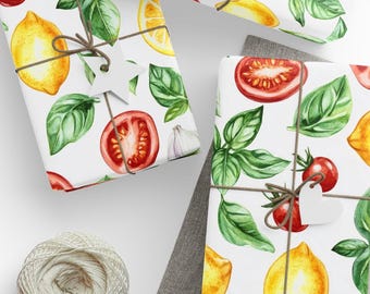 Italian Kitchen Wrapping Paper: Lemon, Tomato & Basil Watercolor Design