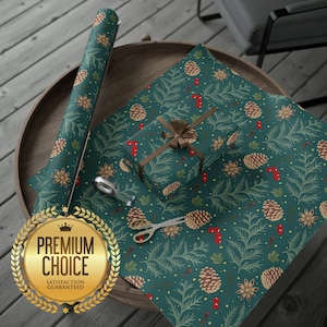 Geschenkpapier mit weihnachtlichem Thema Winter-Herbarium-Kiefern und Holly | Rot, Weiß, Gold und grüne Weihnachts-Themen Geschenkverpackung