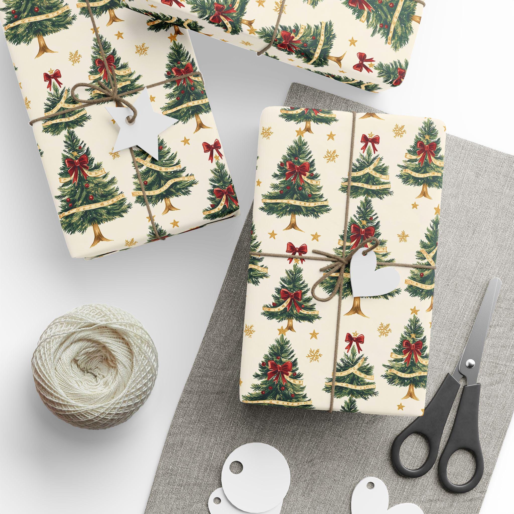 Discover Vintage Christmas Tree Wrapping Paper Cream with Red Bow and Gold Ribbon