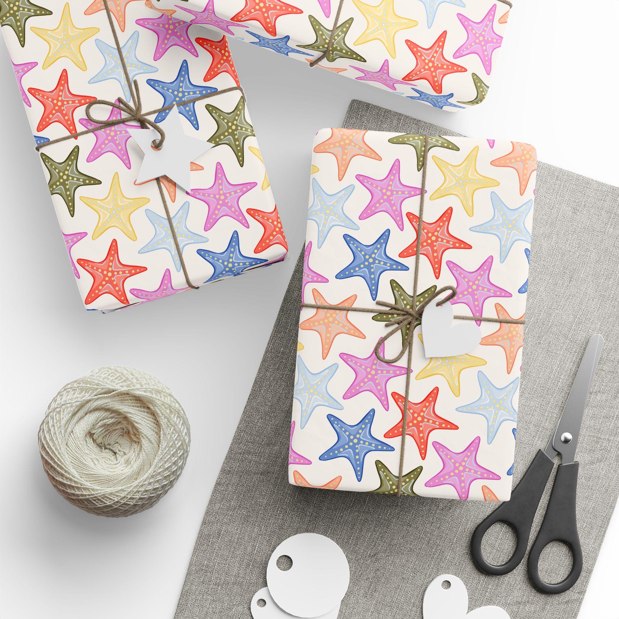 Discover Rainbow Starfish Wrapping Paper Roll, Coastal and Ocean-Themed Gift Wrap, Beach Birthday Party Paper