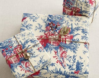 Red Blue Toile Santa Design, Recycled Paper With Matte Or Glossy Finish