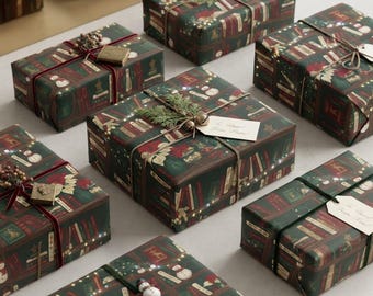 Bookshelf Gift Wrap, 90gsm Recycled Paper Bookish Christmas Wrapping