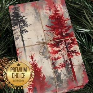 Carta da regalo con motivo foresta di pini rossa e argento / Carta da regalo elegante per le feste / Carta da regalo per le feste con albero invernale