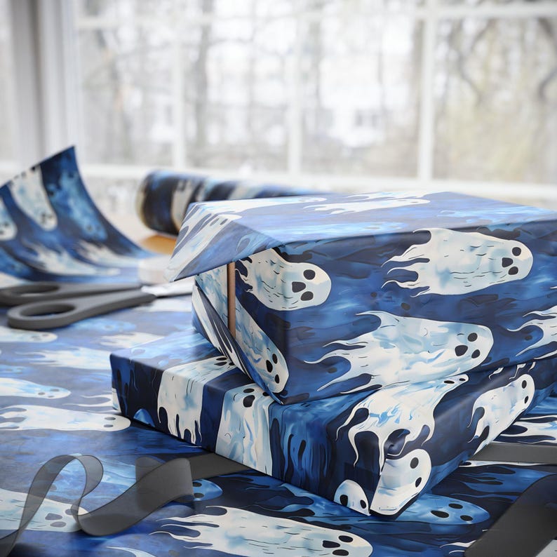 Ghost Wrapping Paper, Boo Halloween Gift Wrap, Spooky Ghost Wrapping Paper, Haunted October Birthday Party Gift image 4
