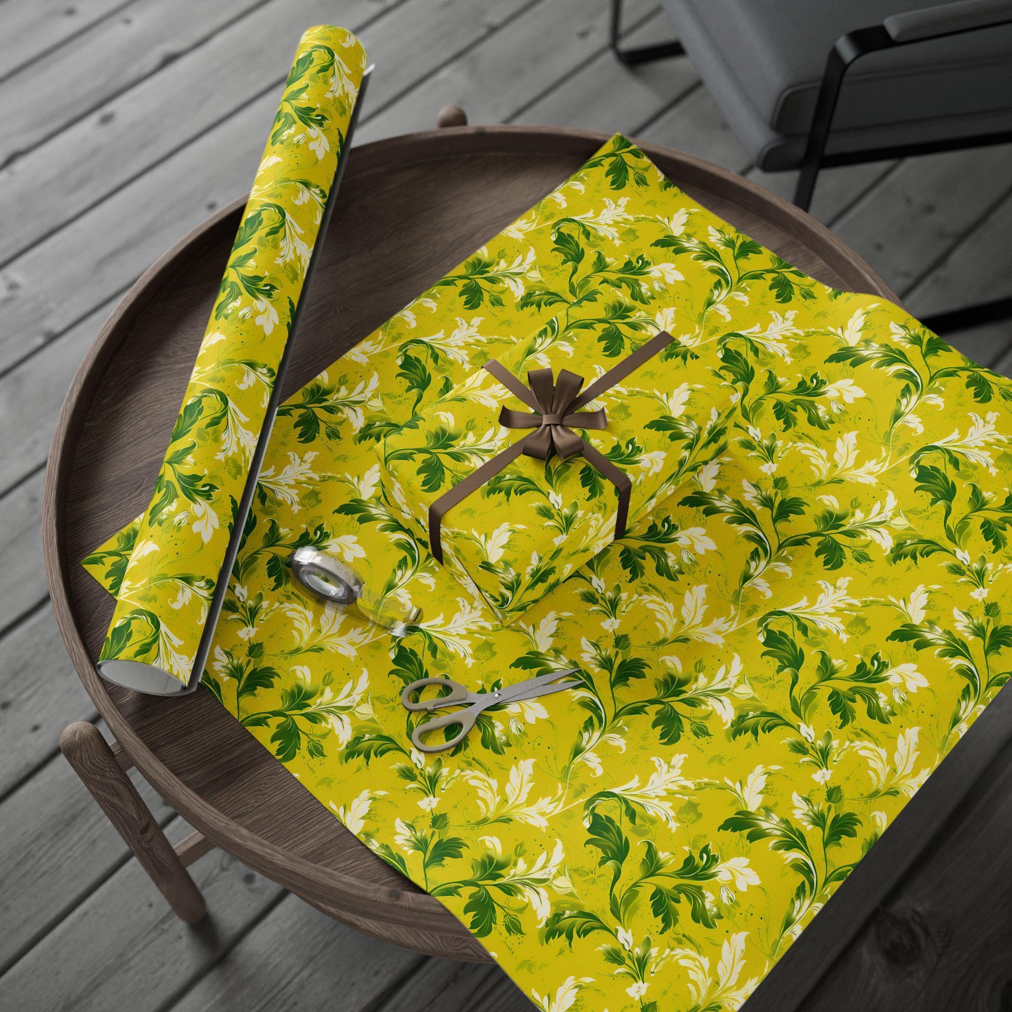 Chartreuse and Green Floral Leaf Wrapping Paper for Birthdays ...