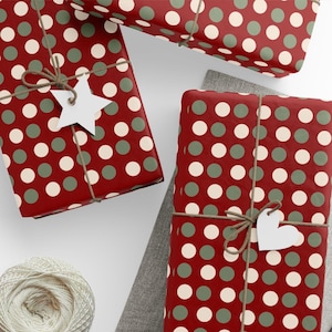 Burgundy Red Christmas Wrapping Paper with Green and Cream Polka Dots for Vintage Holiday and Rustic Gift Wrapping