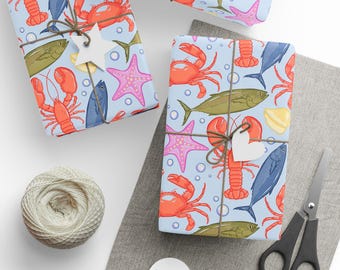 Coastal Sea Life Wrapping Paper Rolls, Lobster Crab Fish Ocean Gift Wrap, Nautical Beach Gift Wrap, New England Coastal Wrapping Paper