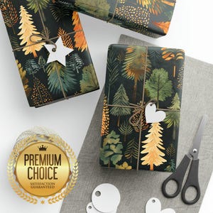 Bella carta da regalo foresta verde e oro, confezione regalo giungla, carta da regalo albero per compleanni, Natale, confezione regalo foresta di pini
