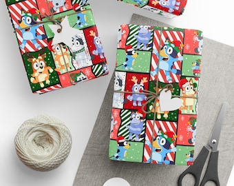 Bluey Christmas Wrapping Paper: Red & Green Quilt Design