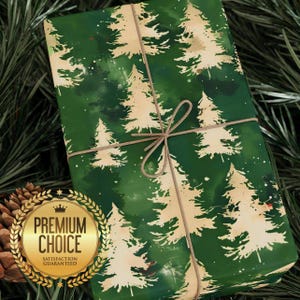 Moss Green Christmas Tree Wrapping Paper Gift Wrap with Beige Trees for Winter Holiday Presents