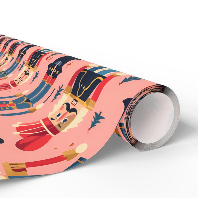 Vintage Nutcracker Holiday Wrapping Paper with Pink Background, Festive Toy Soldier Giftwrap for Christmas and Birthdays