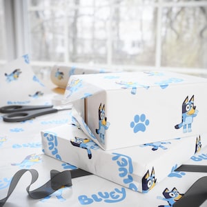 Bluey Paw Prints Birthday Wrapping Paper, Blue And White Kids Gift Wrap For Parties, Paw Print Pattern Gift Wrap