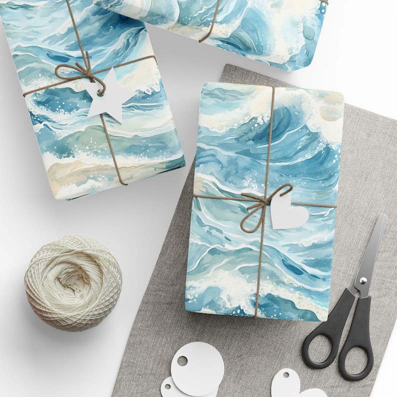 Ocean Wrapped Box Ocean Wrapping Paper Roll Watercolor Great Wave Gift Wrap for Beach ...