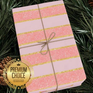 Pink and Gold Glitter Striped Wrapping Paper | Elegant and Glamorous Gift Wrap for Birthdays, Weddings, and Special Occasions